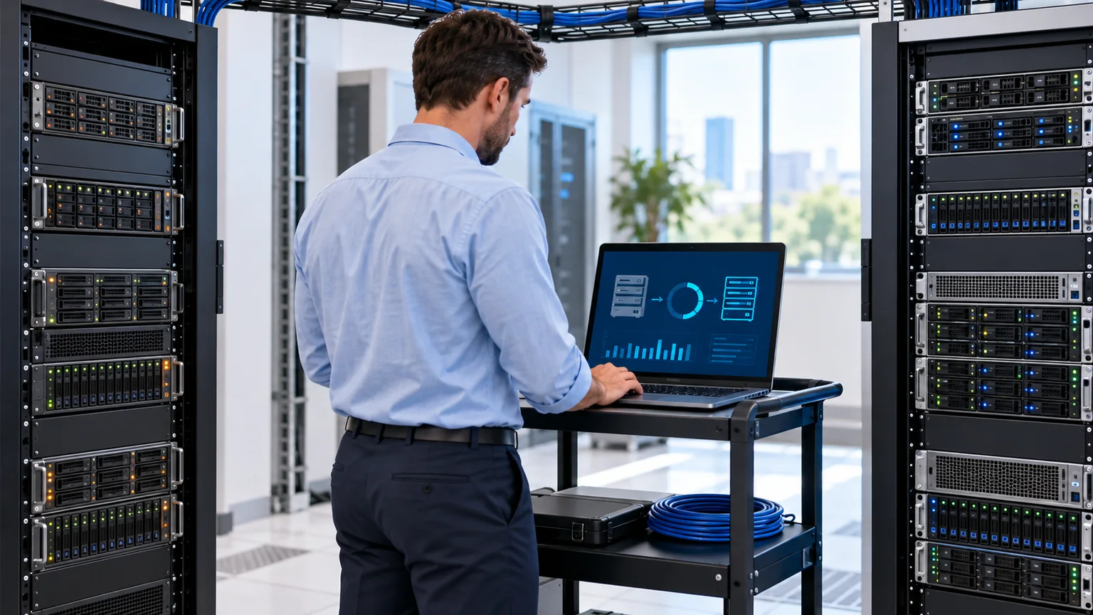 IT engineer at a laptop cart monitoring a server migration between an older rack with amber drive lights and a newer rack with blue drive lights