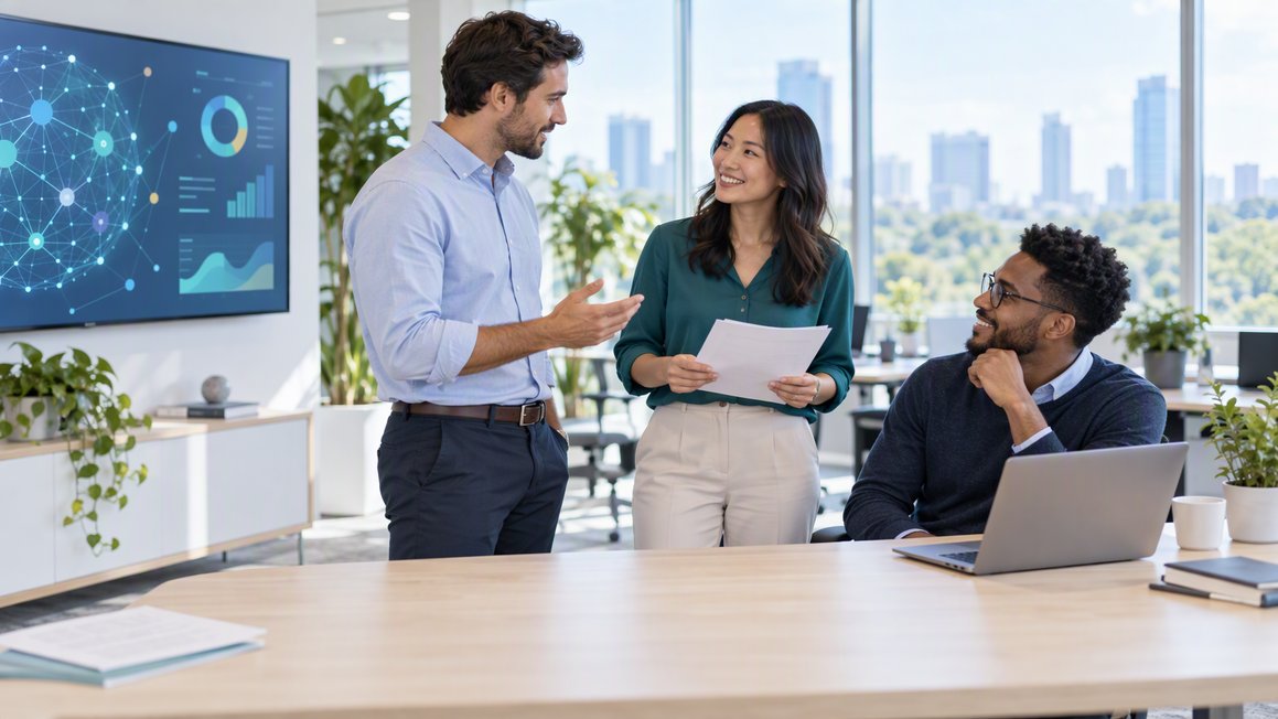 Three colleagues review a printed plan in a bright office beside a wall display of network diagrams and charts