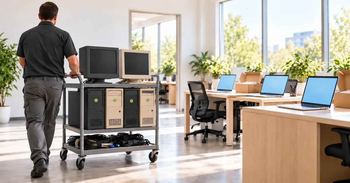 IT technician wheeling a cart of older desktop PCs and monitors out of a bright office, with new laptops set up on the desks